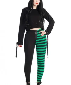 Banned Apparel Banned Half Black Half Stripes Leggings - Green Ladies