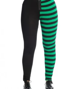 Banned Apparel Banned Half Black Half Stripes Leggings - Green Ladies