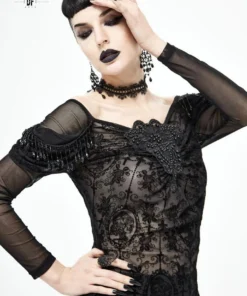 Ladies Devil Fashion Yara Velvet Embossed Mesh Top