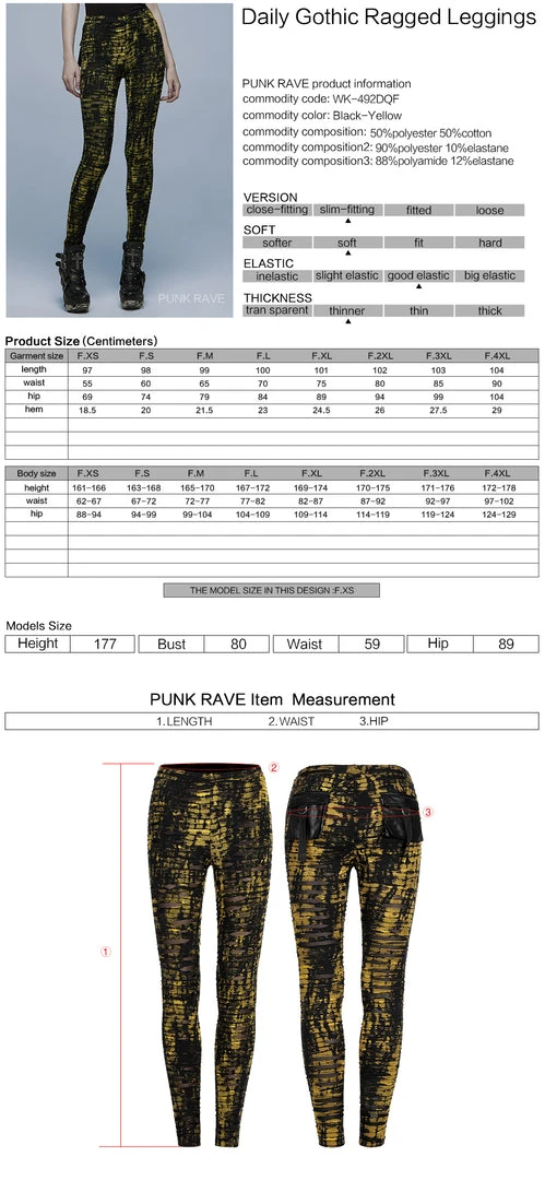 Punk Rave Xenobia Ragged Leggings Yellow / Black Ladies 10 Punk Rave Xenobia Ragged Leggings Yellow / Black Ladies