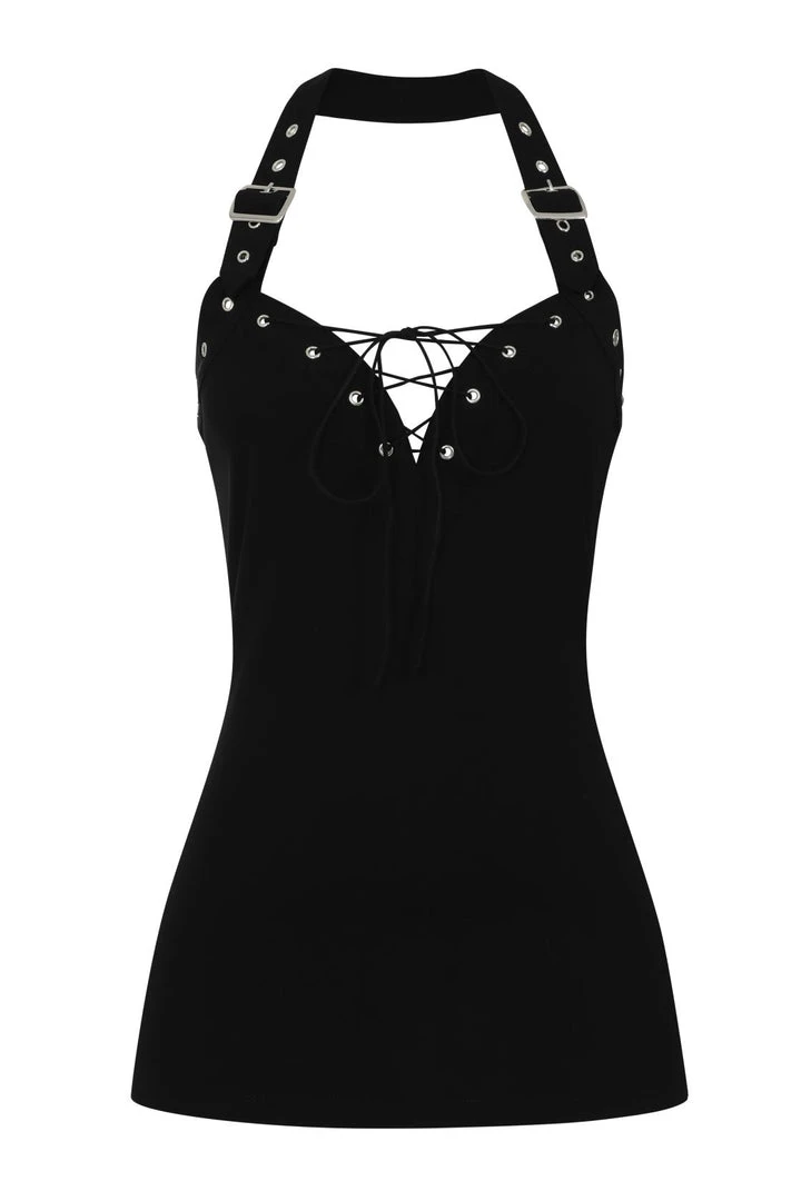 Ladies Necessary Evil Minerva Plunge Lace Up Halter Top 4 Ladies Necessary Evil Minerva Plunge Lace Up Halter Top