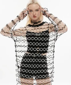 Ladies Punk Rave Diamond Mesh Longline Tee