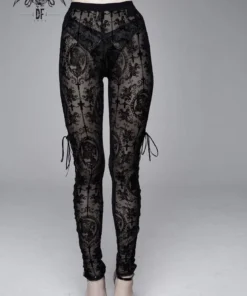 Devil Fashion Black On Black Velvet Embossed Baroque Leggings