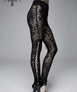 Devil Fashion Black On Black Velvet Embossed Baroque Leggings