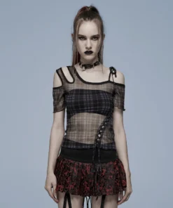 Ladies Punk Rave Plaid Punk Top Black